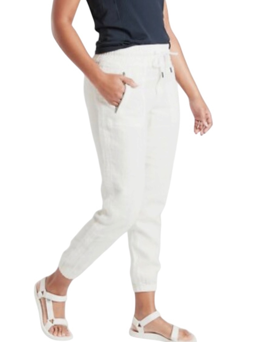 Athleta Cream Cabo linen Drawstring Jogger Pants elastic waist Zip Pockets sz 8